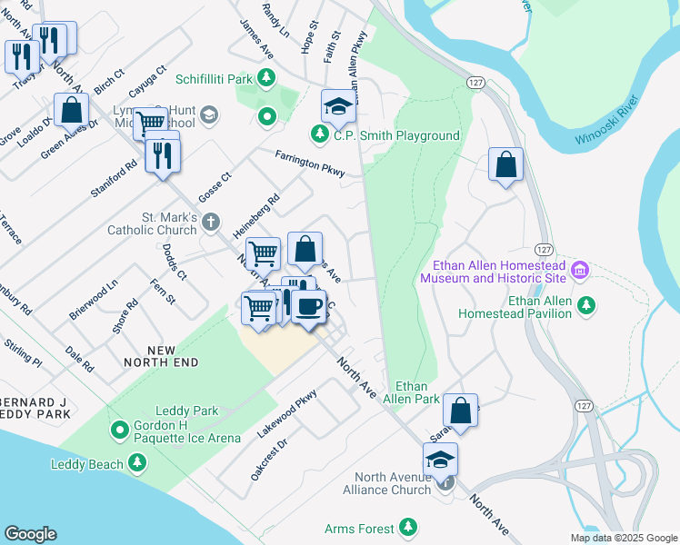map of restaurants, bars, coffee shops, grocery stores, and more near 38 Avenue C in Burlington