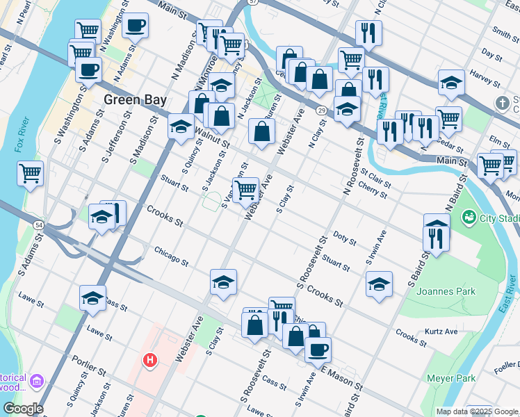 map of restaurants, bars, coffee shops, grocery stores, and more near 224 South Clay Street in Green Bay