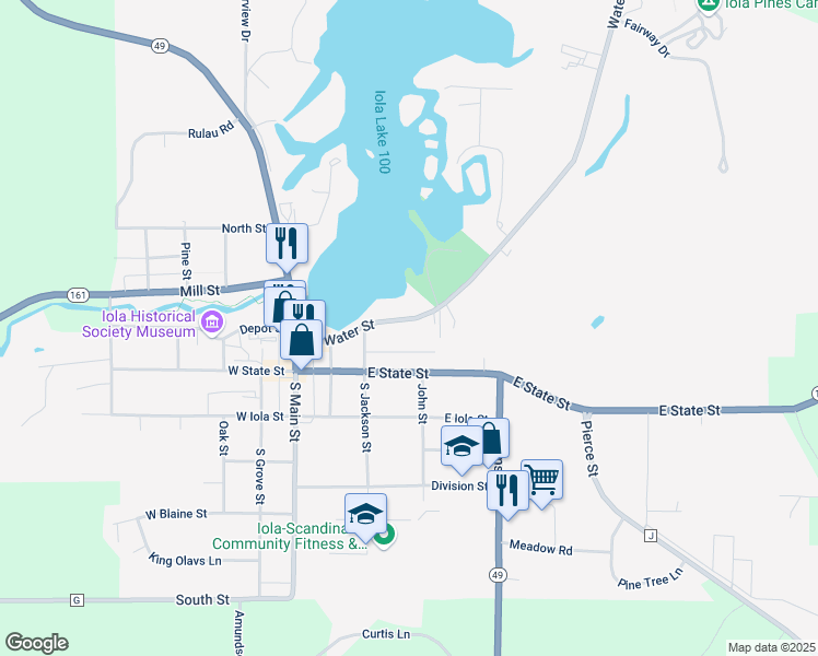 map of restaurants, bars, coffee shops, grocery stores, and more near 345 East State Street in Iola