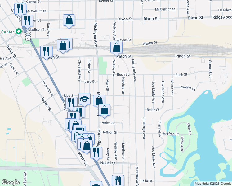 map of restaurants, bars, coffee shops, grocery stores, and more near 2517 Rice Street in Stevens Point