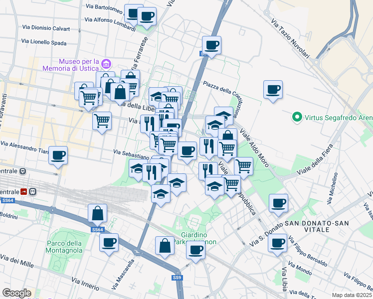 map of restaurants, bars, coffee shops, grocery stores, and more near 39 Via del Lavoro in Bologna