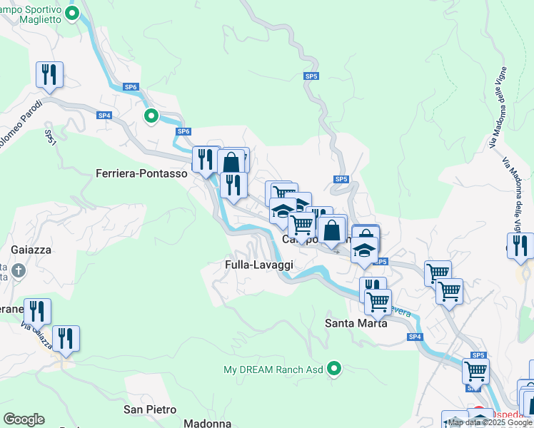 map of restaurants, bars, coffee shops, grocery stores, and more near 185 Via Martiri della Libertà in Campomorone