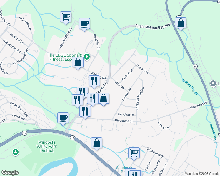 map of restaurants, bars, coffee shops, grocery stores, and more near 47 Susie Wilson Road in Essex