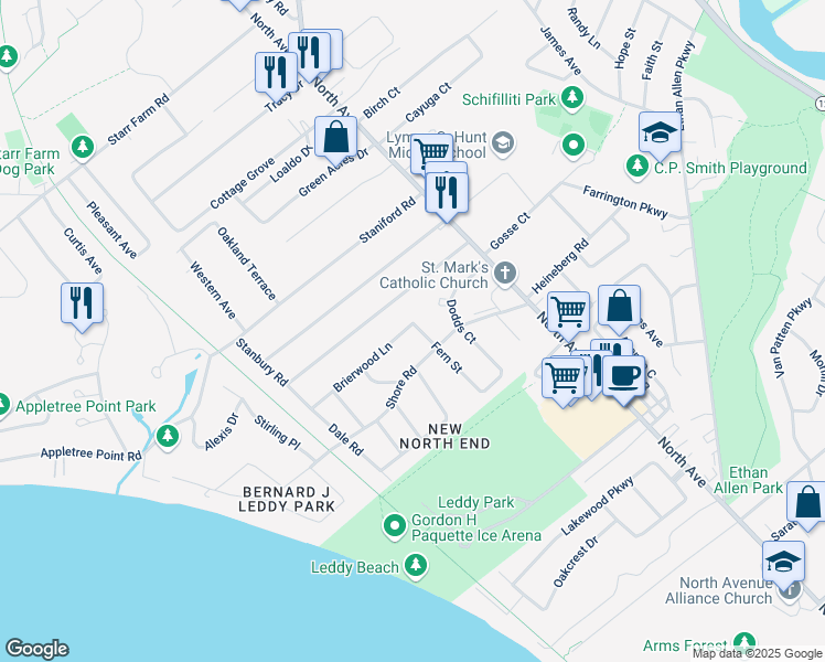 map of restaurants, bars, coffee shops, grocery stores, and more near 118 Shore Road in Burlington