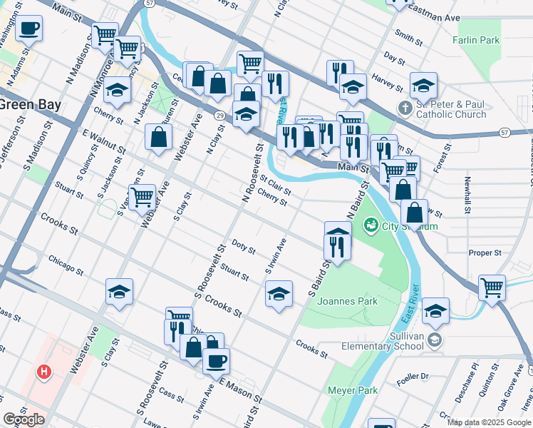map of restaurants, bars, coffee shops, grocery stores, and more near 1250 East Walnut Street in Green Bay