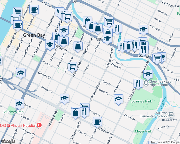 map of restaurants, bars, coffee shops, grocery stores, and more near 1124 Doty Street in Green Bay