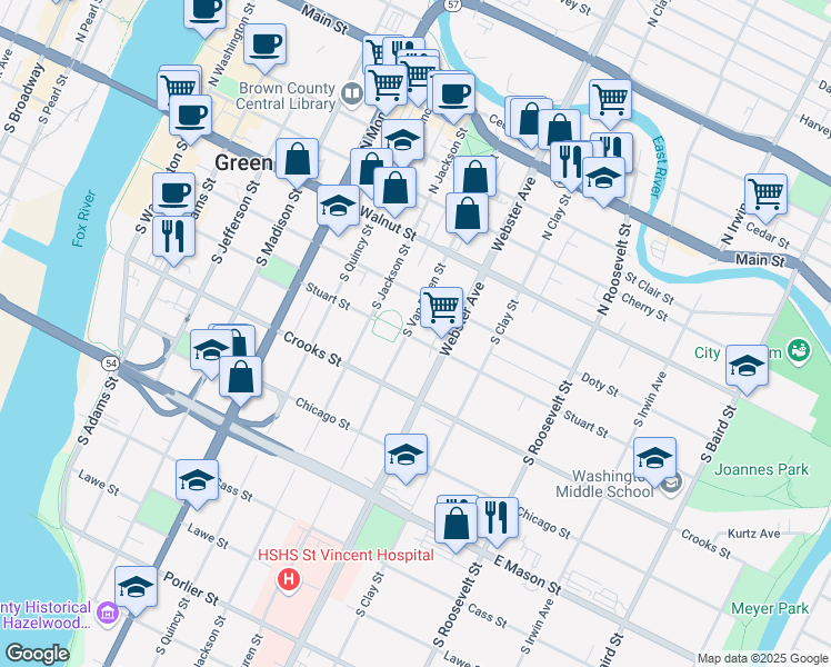 map of restaurants, bars, coffee shops, grocery stores, and more near 317 South Van Buren Street in Green Bay