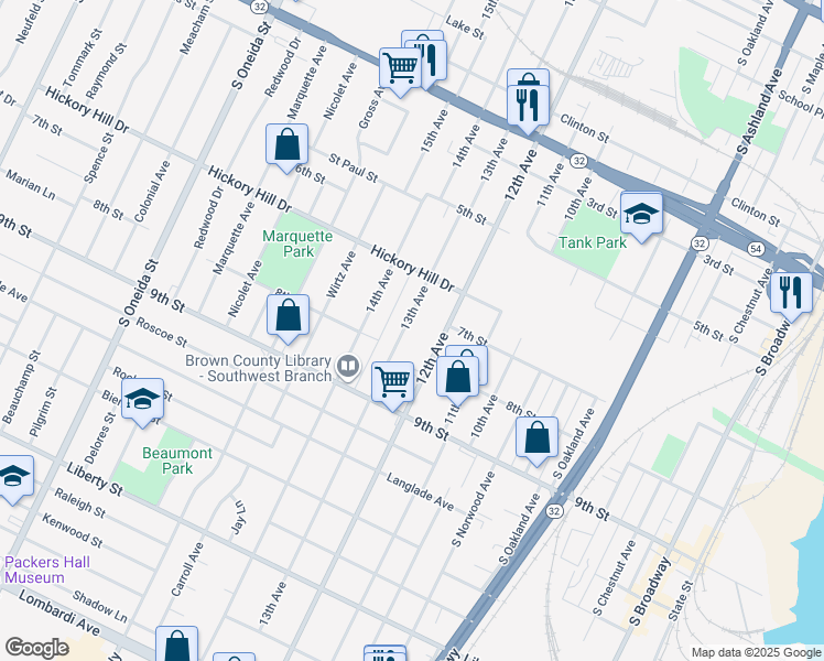 map of restaurants, bars, coffee shops, grocery stores, and more near 1159 13th Avenue in Green Bay