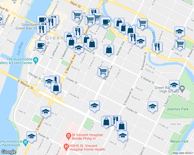 map of restaurants, bars, coffee shops, grocery stores, and more near 905 Stuart Street in Green Bay