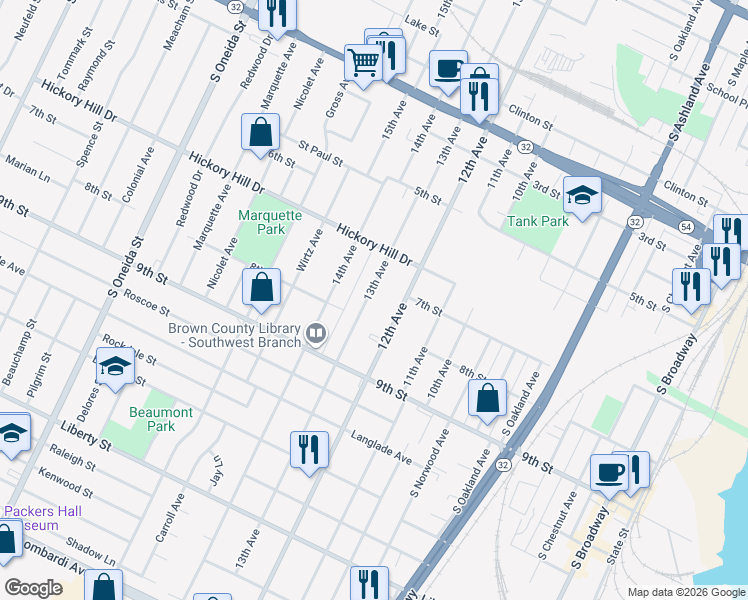 map of restaurants, bars, coffee shops, grocery stores, and more near 1159 13th Avenue in Green Bay