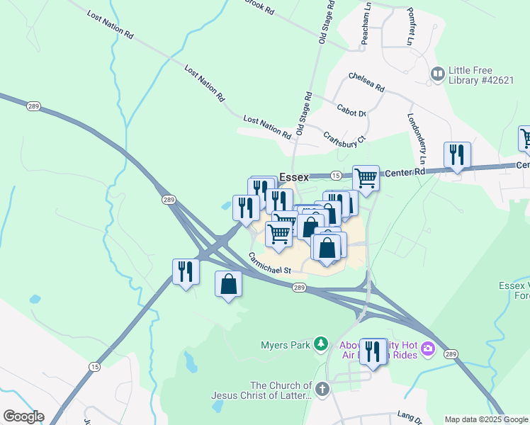 map of restaurants, bars, coffee shops, grocery stores, and more near 4 Carmichael Street in Essex Junction