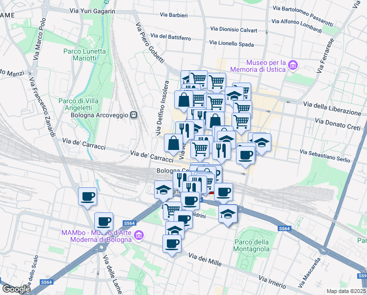 map of restaurants, bars, coffee shops, grocery stores, and more near 1 Via Aristotile Fioravanti in Bologna