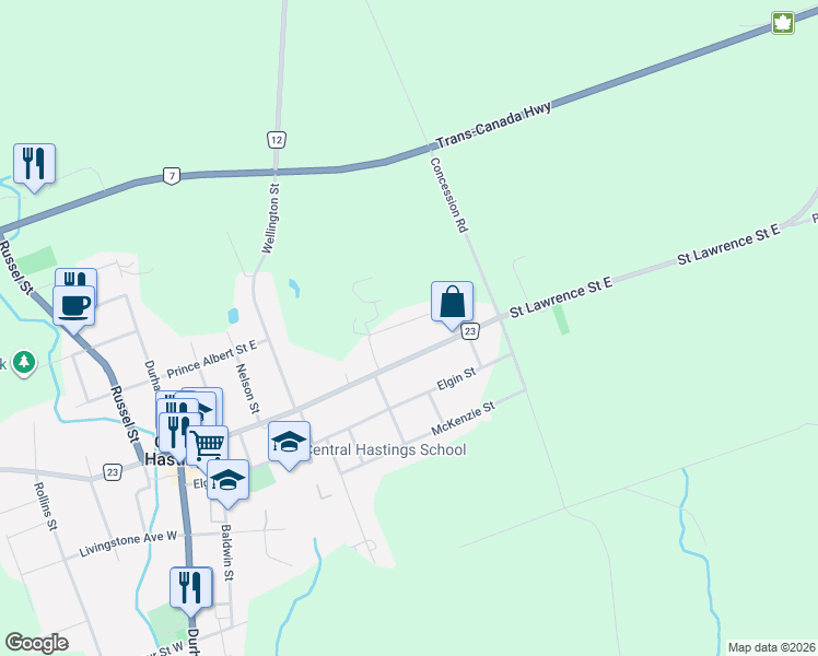 map of restaurants, bars, coffee shops, grocery stores, and more near 254 Saint Lawrence Street East in Centre Hastings