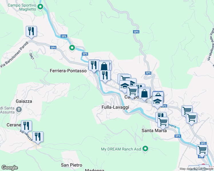 map of restaurants, bars, coffee shops, grocery stores, and more near Strada Provinciale 4 in Genoa