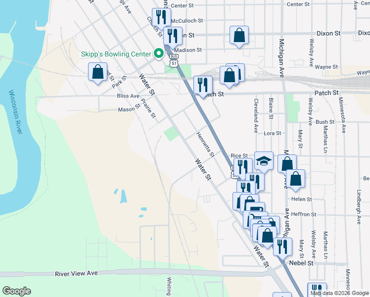 map of restaurants, bars, coffee shops, grocery stores, and more near in Stevens Point