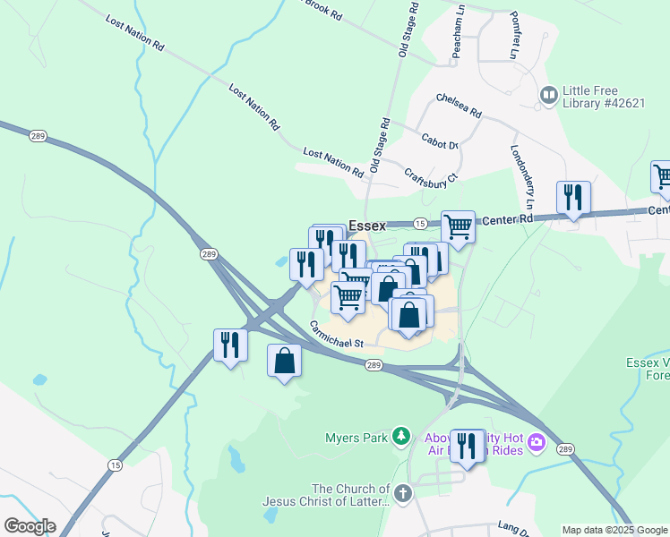 map of restaurants, bars, coffee shops, grocery stores, and more near 5 Carmichael Street in Essex