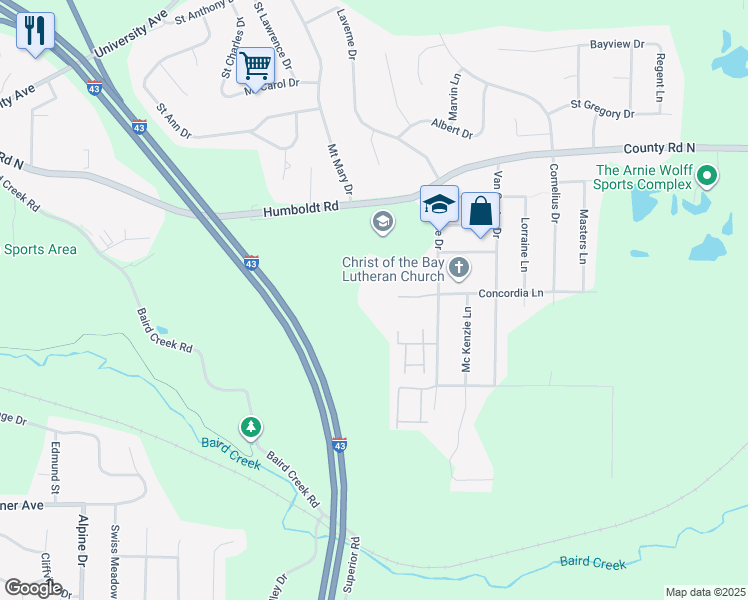 map of restaurants, bars, coffee shops, grocery stores, and more near 2970 Mossy Oak Circle in Green Bay