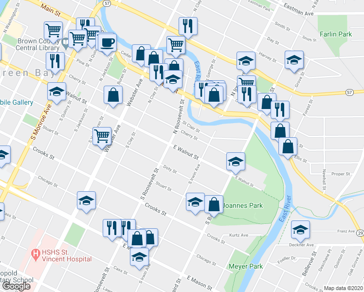 map of restaurants, bars, coffee shops, grocery stores, and more near 1250 East Walnut Street in Green Bay
