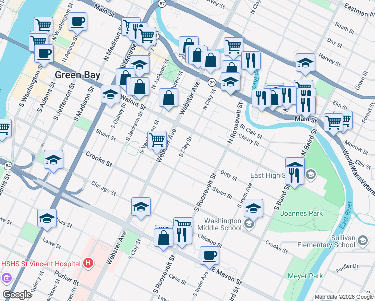 map of restaurants, bars, coffee shops, grocery stores, and more near 1124 Doty Street in Green Bay