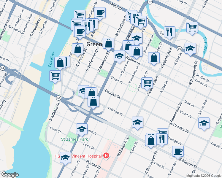 map of restaurants, bars, coffee shops, grocery stores, and more near 712 Crooks Street in Green Bay