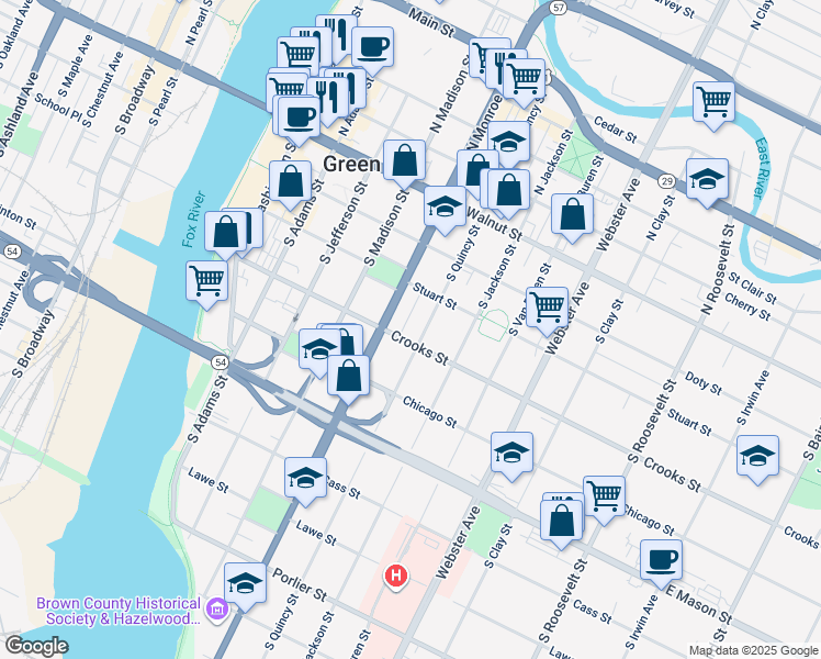 map of restaurants, bars, coffee shops, grocery stores, and more near 417 South Monroe Avenue in Green Bay