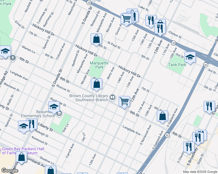 map of restaurants, bars, coffee shops, grocery stores, and more near 1224 14th Avenue in Green Bay