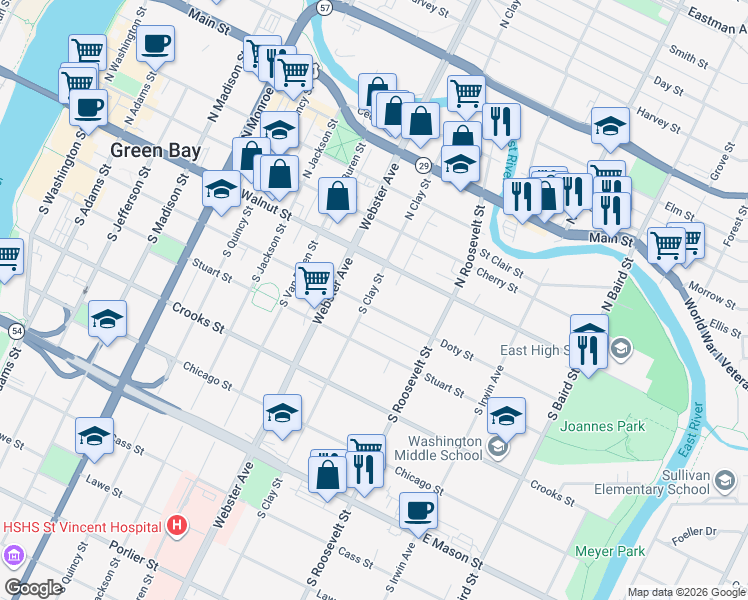 map of restaurants, bars, coffee shops, grocery stores, and more near 1124 Doty Street in Green Bay
