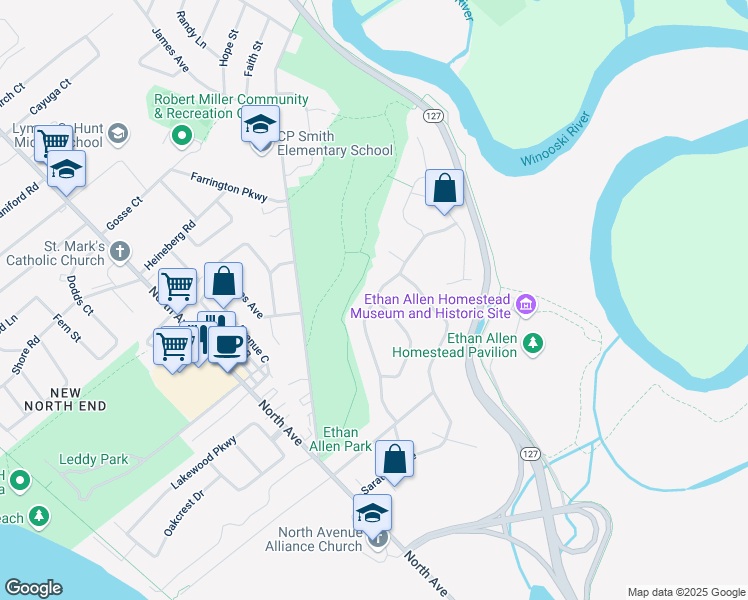 map of restaurants, bars, coffee shops, grocery stores, and more near Van Patten Parkway in Burlington
