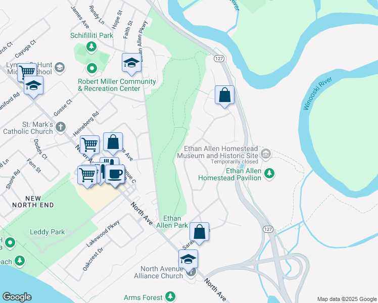 map of restaurants, bars, coffee shops, grocery stores, and more near Van Patten Parkway in Burlington