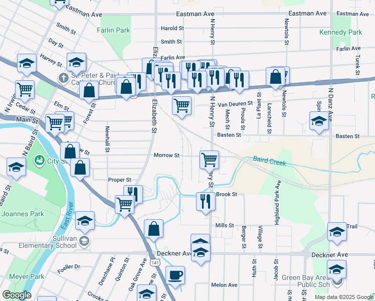 map of restaurants, bars, coffee shops, grocery stores, and more near 1715 Morrow Street in Green Bay