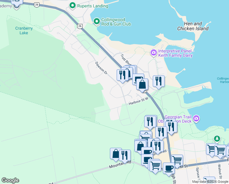 map of restaurants, bars, coffee shops, grocery stores, and more near 135 Escarpment Crescent in Collingwood