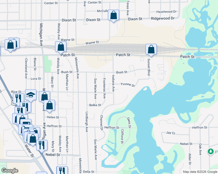 map of restaurants, bars, coffee shops, grocery stores, and more near 3100 Rice Street in Stevens Point