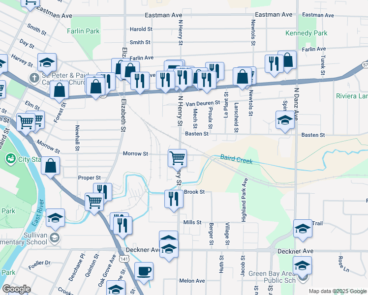 map of restaurants, bars, coffee shops, grocery stores, and more near in Green Bay