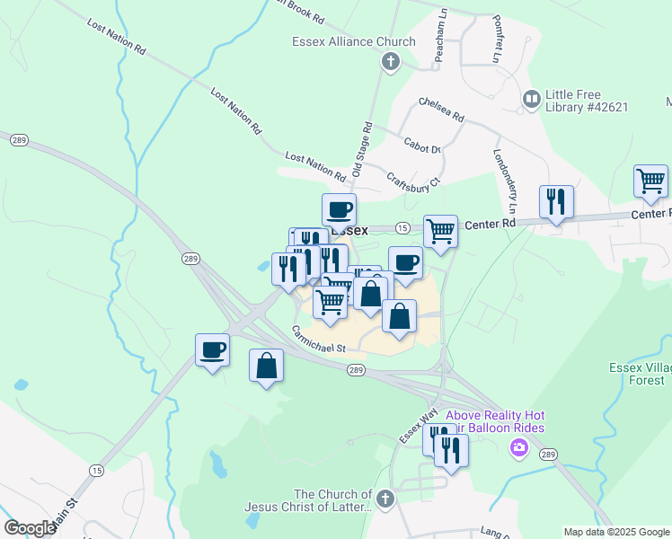 map of restaurants, bars, coffee shops, grocery stores, and more near 6 Carmichael Street in Essex