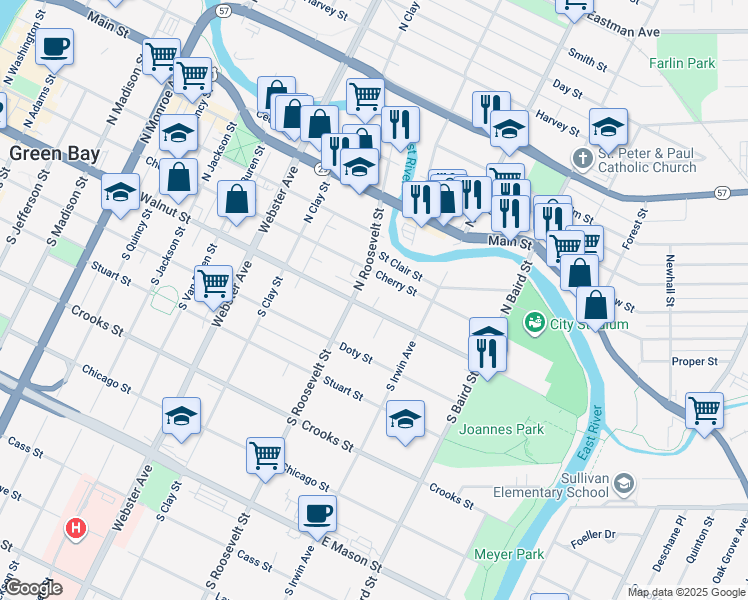 map of restaurants, bars, coffee shops, grocery stores, and more near 1221 Cherry Street in Green Bay