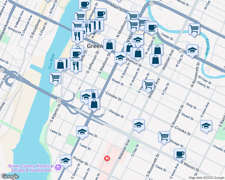 map of restaurants, bars, coffee shops, grocery stores, and more near 304 South Quincy Street in Green Bay