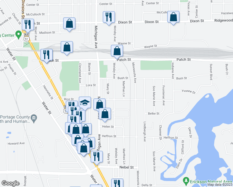 map of restaurants, bars, coffee shops, grocery stores, and more near 2831 Welsby Avenue in Stevens Point