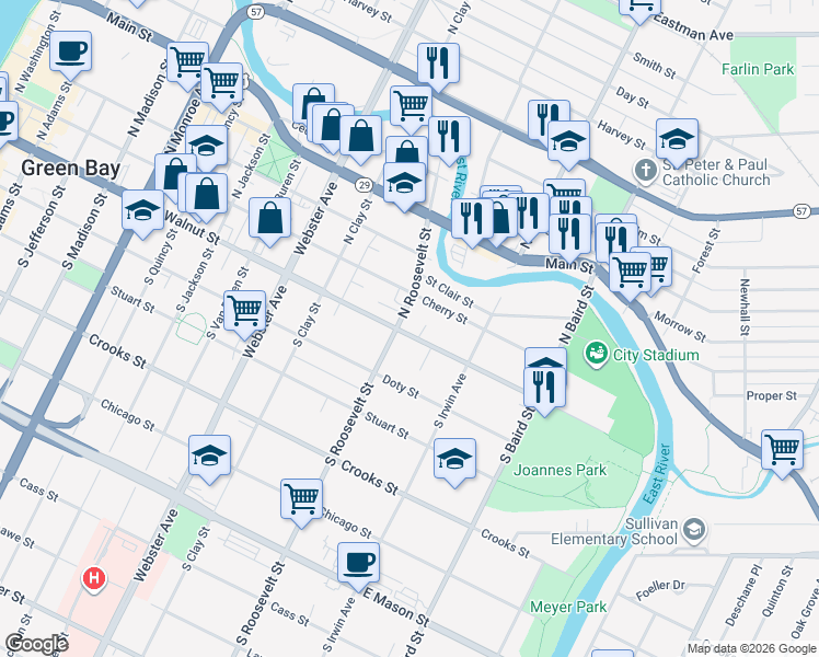 map of restaurants, bars, coffee shops, grocery stores, and more near 1209 East Walnut Street in Green Bay
