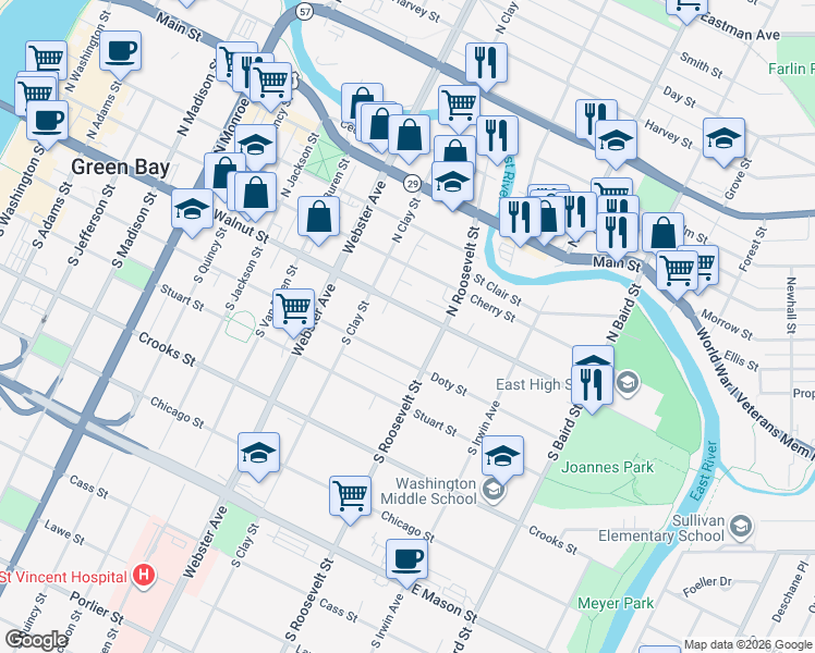map of restaurants, bars, coffee shops, grocery stores, and more near 1139 East Walnut Street in Green Bay