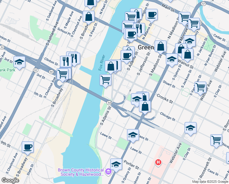 map of restaurants, bars, coffee shops, grocery stores, and more near 435 South Washington Street in Green Bay