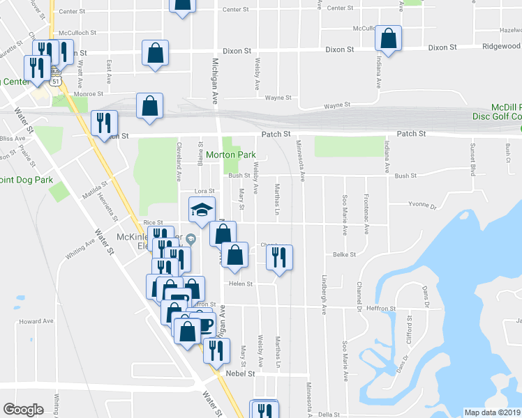 map of restaurants, bars, coffee shops, grocery stores, and more near 2825 Welsby Avenue in Stevens Point