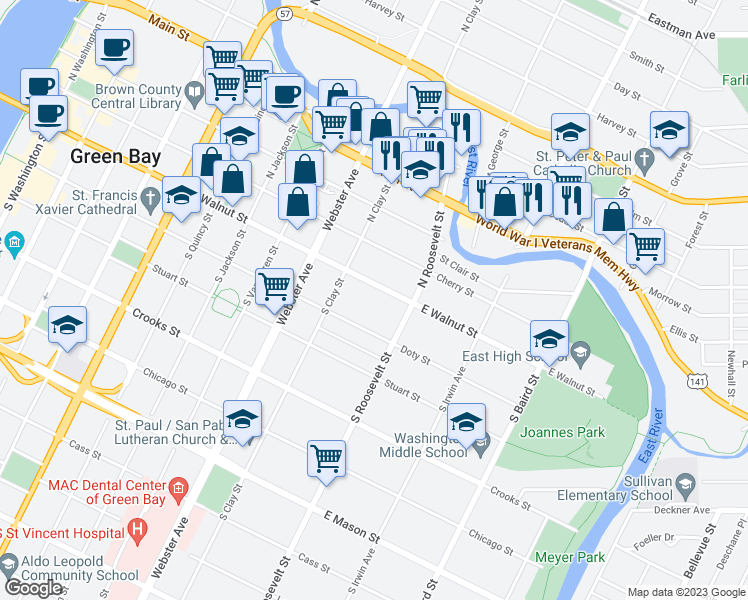 map of restaurants, bars, coffee shops, grocery stores, and more near 1139 East Walnut Street in Green Bay