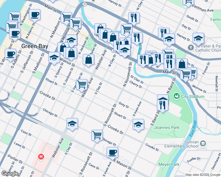map of restaurants, bars, coffee shops, grocery stores, and more near 1139 East Walnut Street in Green Bay