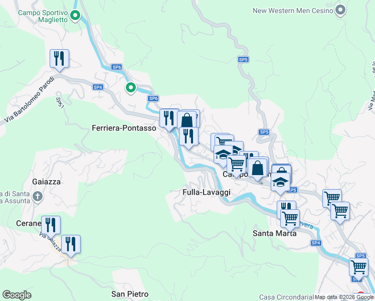 map of restaurants, bars, coffee shops, grocery stores, and more near 79 Via Martiri della Libertà in Campomorone