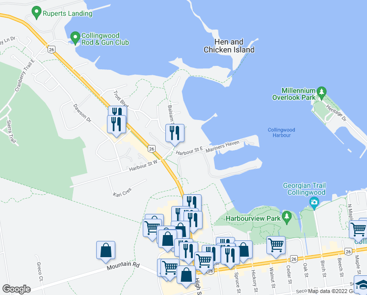 map of restaurants, bars, coffee shops, grocery stores, and more near 9 Harbour Street East in Collingwood