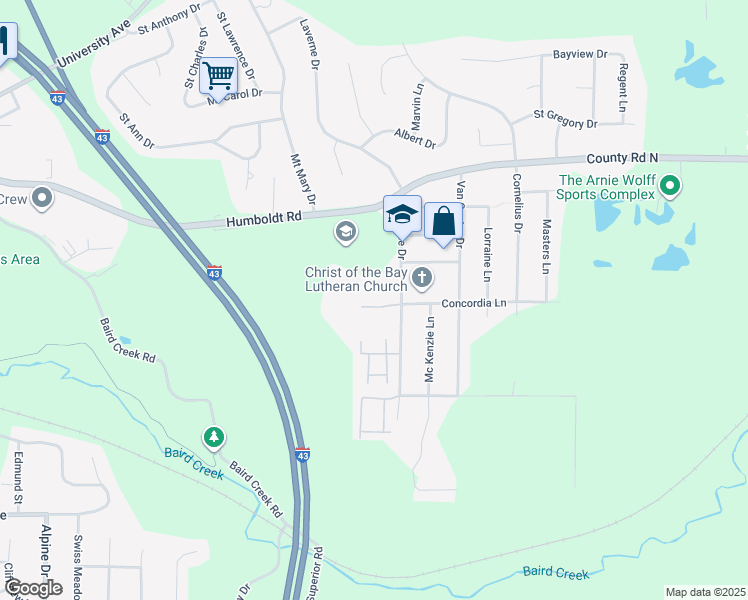 map of restaurants, bars, coffee shops, grocery stores, and more near 465 Laverne Drive in Green Bay