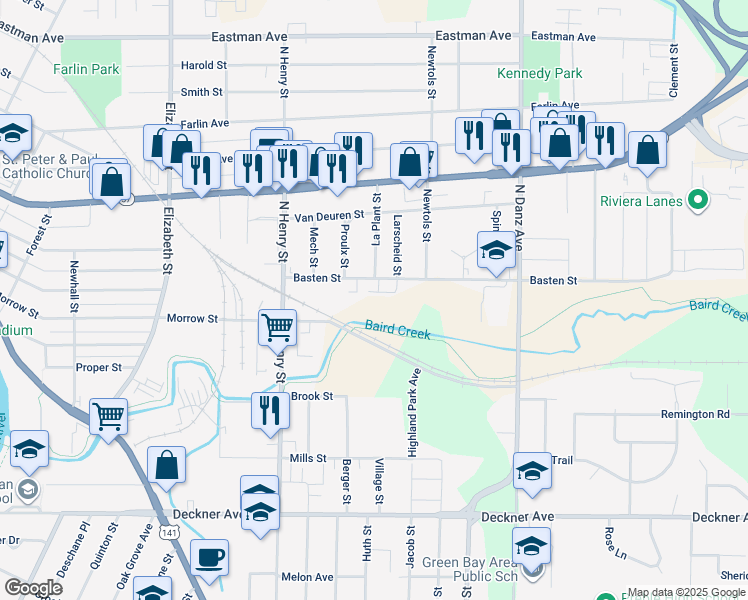 map of restaurants, bars, coffee shops, grocery stores, and more near 1930 Basten Street in Green Bay