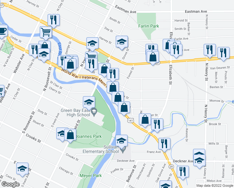 map of restaurants, bars, coffee shops, grocery stores, and more near 1456 Cedar Street in Green Bay
