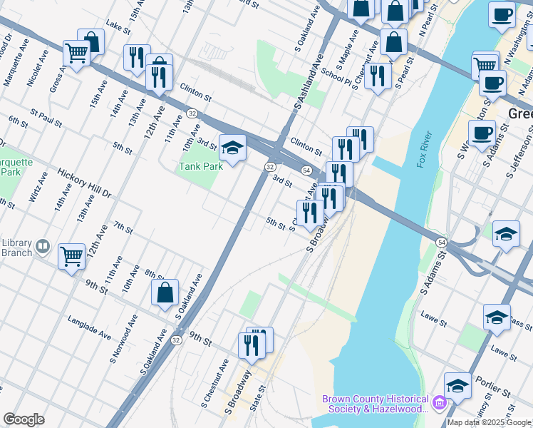 map of restaurants, bars, coffee shops, grocery stores, and more near 828 South Maple Avenue in Green Bay