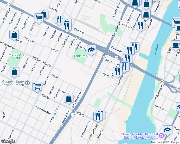 map of restaurants, bars, coffee shops, grocery stores, and more near 901 South Oakland Avenue in Green Bay